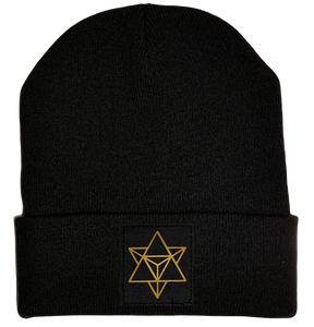 Beanie - Black cuffed w Hand Made Black and Gold Merkaba, Vegan Leather patch over your Third Eye