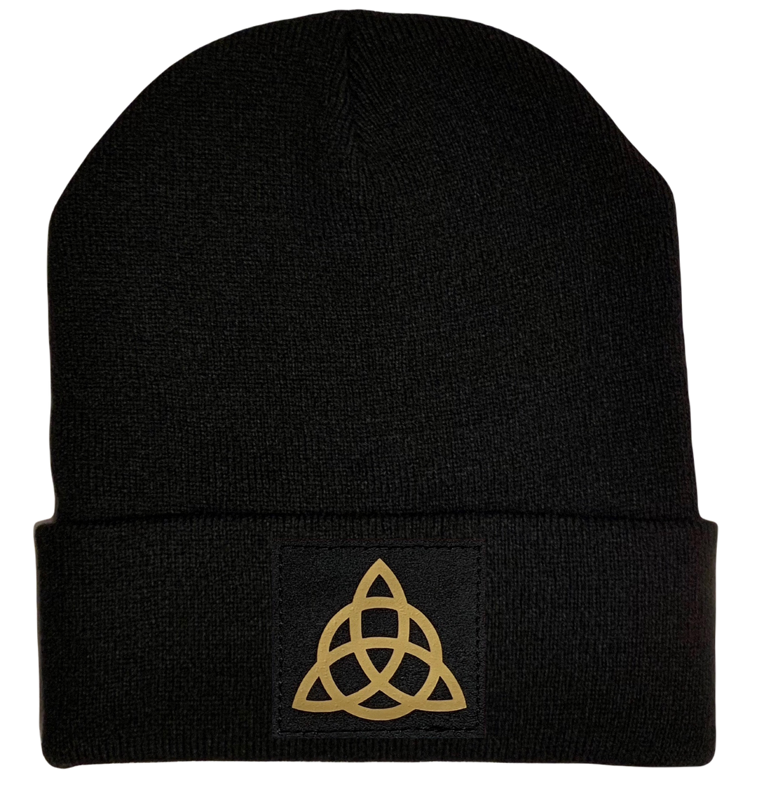 Beanie - Black cuffed w, Black and Gold Hand Made Viking Celtic Triquetra, Vegan Leather norse symbols buddha gear