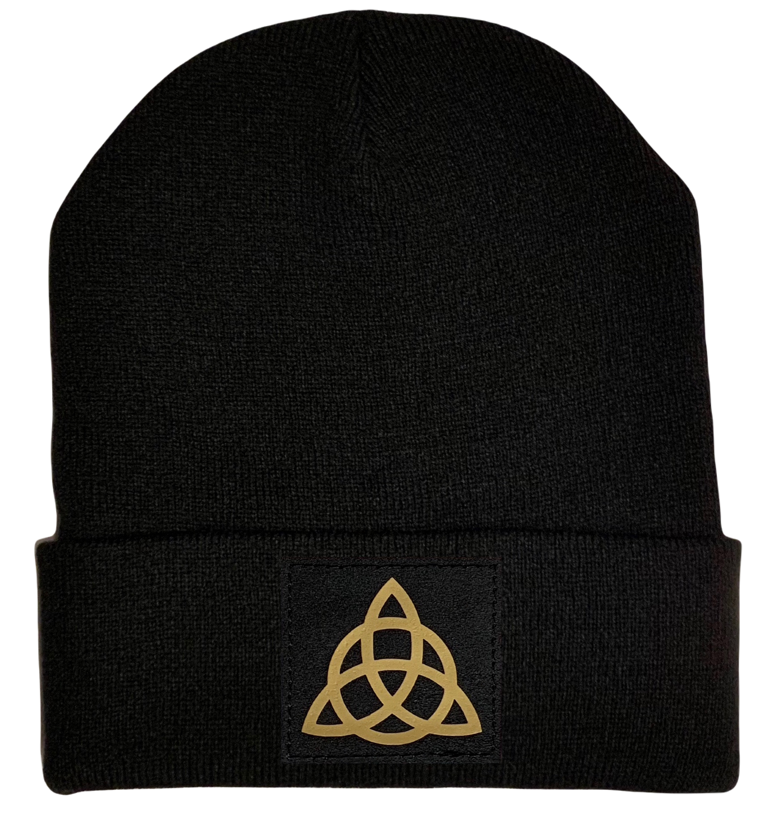 Beanie - Black cuffed w, Black and Gold Hand Made Viking Celtic Triquetra, Vegan Leather norse symbols buddha gear