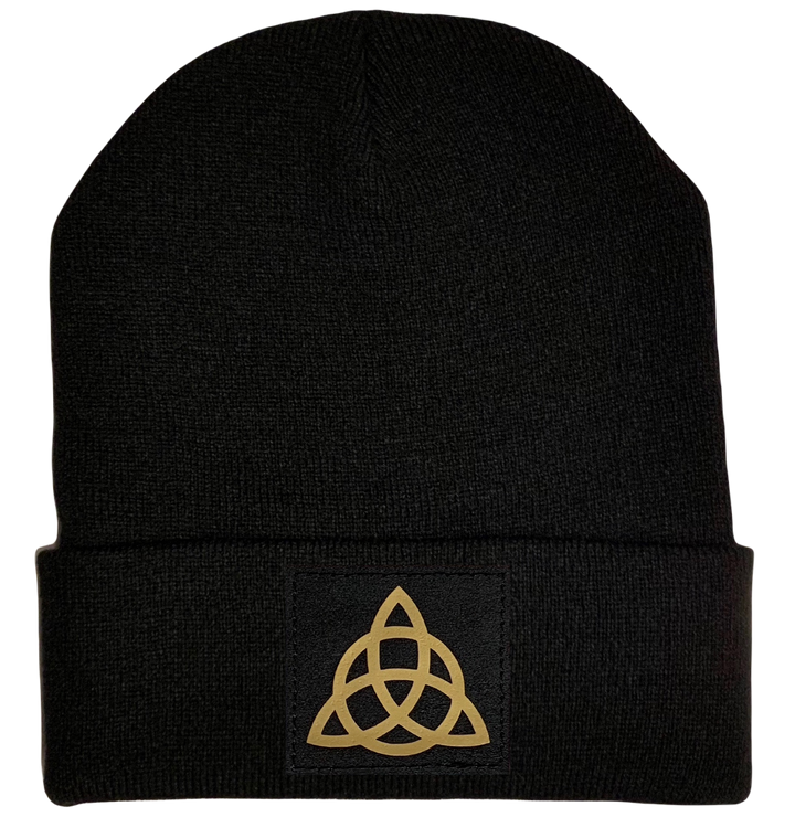 Beanie - Black cuffed w, Black and Gold Hand Made Viking Celtic Triquetra, Vegan Leather norse symbols buddha gear
