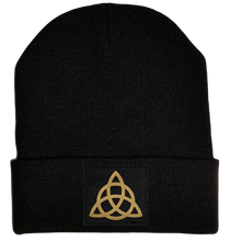 Load image into Gallery viewer, Beanie - Black cuffed w, Black and Gold Hand Made Viking Celtic Triquetra, Vegan Leather norse symbols buddha gear