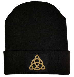 Beanie - Black cuffed w, Black and Gold Hand Made Viking Celtic Triquetra, Vegan Leather norse symbols buddha gear