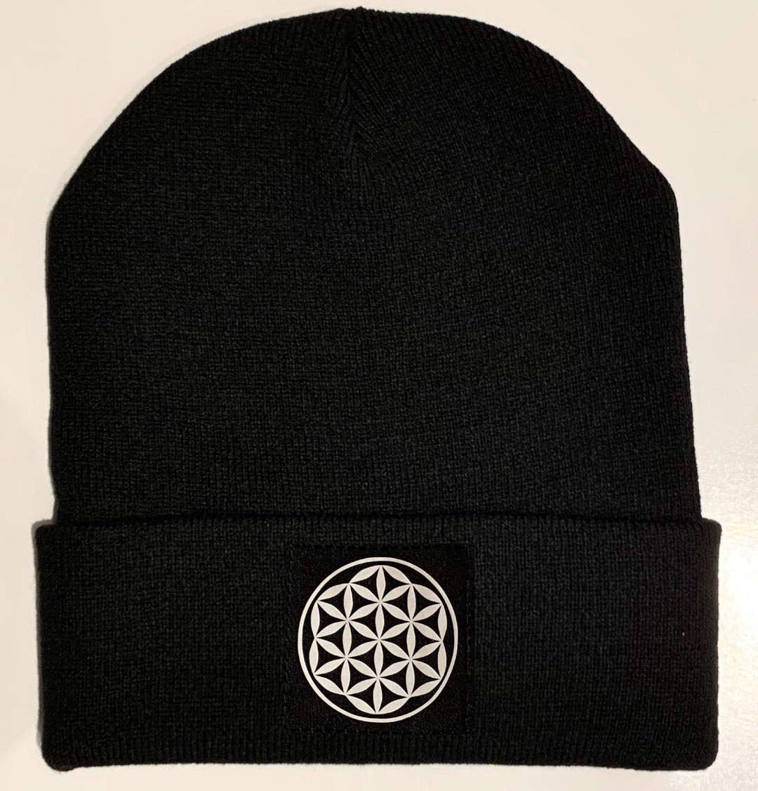 Beanie - Black Buddha Beanie with Vegan Leather Flower of Life, Sacred Symbol over your Third Eye buddha gear sacred geometry
