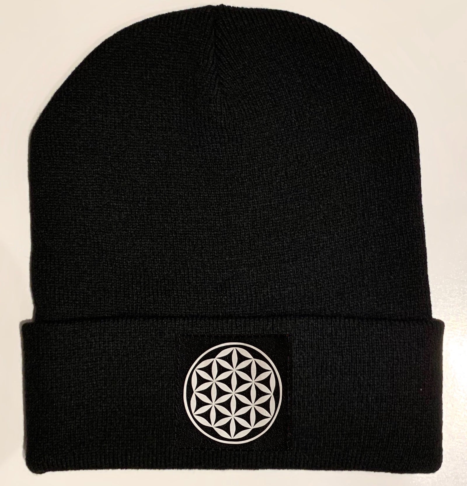 Beanie - Black Buddha Beanie with Vegan Leather Flower of Life, Sacred Symbol over your Third Eye buddha gear sacred geometry