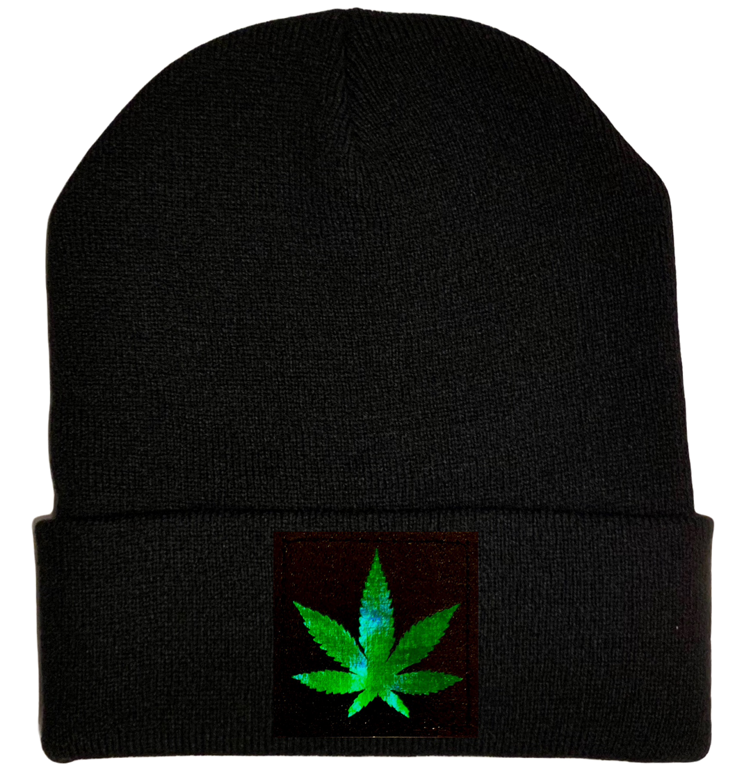 Beanie - Black with Hand Made Holographic Green, Vegan Leather Cannabis Leaf Patch over your Third Eye - Plant Medicine Hat buddha gear