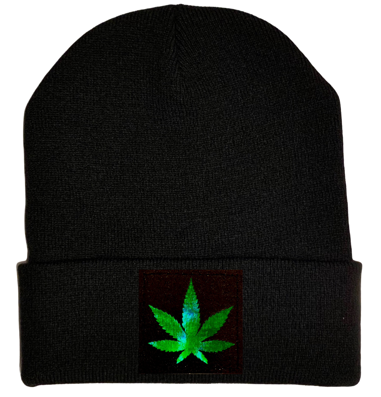 Beanie - Black with Hand Made Holographic Green, Vegan Leather Cannabis Leaf Patch over your Third Eye - Plant Medicine Hat buddha gear