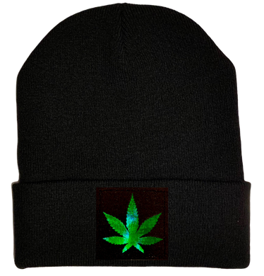 Beanie - Black with Hand Made Holographic Green, Vegan Leather Cannabis Leaf Patch over your Third Eye - Plant Medicine Hat buddha gear