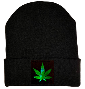 Beanie - Black with Hand Made Holographic Green, Vegan Leather Cannabis Leaf Patch over your Third Eye - Plant Medicine Hat buddha gear