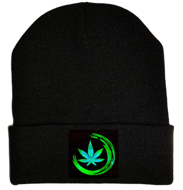 Beanie - Black with Hand Made Holographic Green, Vegan Leather Zen Cannabis Leaf Patch over your Third Eye - Plant Medicine Hat by Buddha Gear 