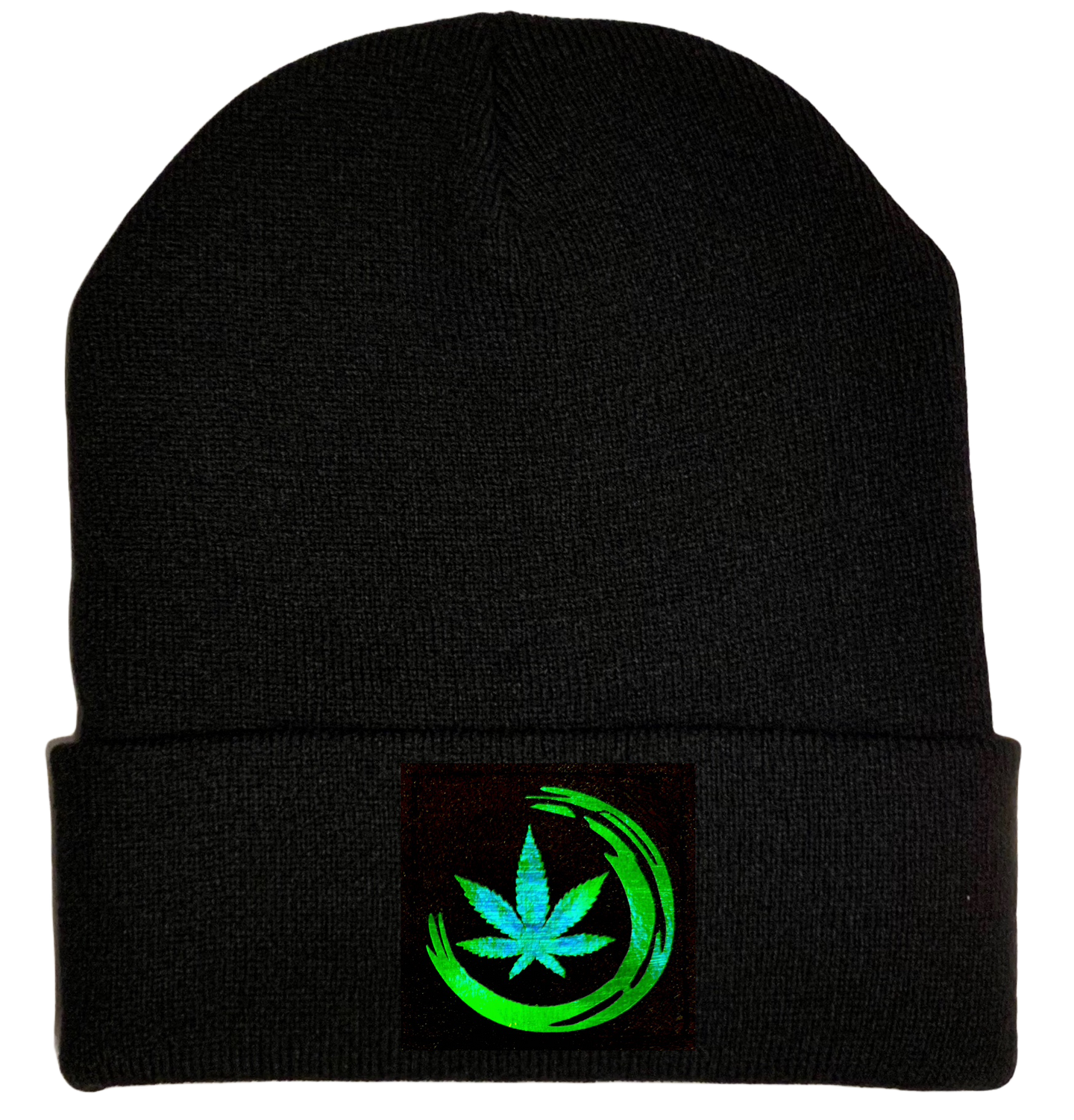 Beanie - Black with Hand Made Holographic Green, Vegan Leather Zen Cannabis Leaf Patch over your Third Eye - Plant Medicine Hat by Buddha Gear 