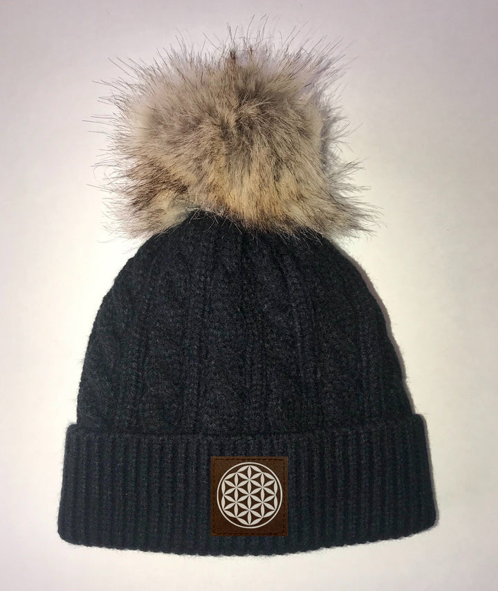 Beanies - Buddha Gear, Black Plush Baby Pom Pom Beanie with Om, Lotus, Moons, Tree of Life, Unicorn, Namaste, Infinite Love, Flower of Life & Ichthus. All Vegan, Hand Made Sacred Geometry Patches.