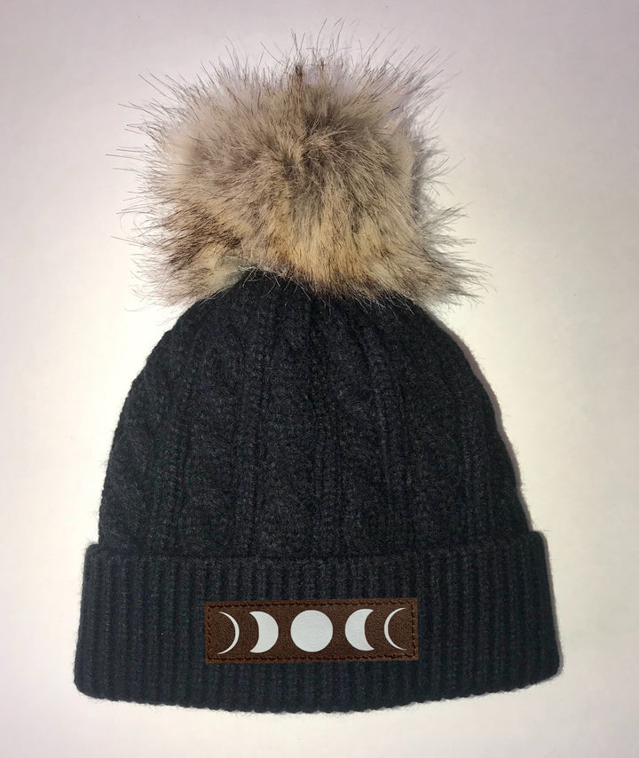 Beanies - Buddha Gear, Black Plush Baby Pom Pom Beanie with Om, Lotus, Moons, Tree of Life, Unicorn, Namaste, Infinite Love, Flower of Life & Ichthus. All Vegan, Hand Made Sacred Geometry Patches.