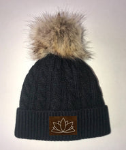 Load image into Gallery viewer, Beanies - Buddha Gear, Black Plush Baby Pom Pom Beanie with Om, Lotus, Moons, Tree of Life, Unicorn, Namaste, Infinite Love, Flower of Life &amp; Ichthus. All Vegan, Hand Made Sacred Geometry Patches.
