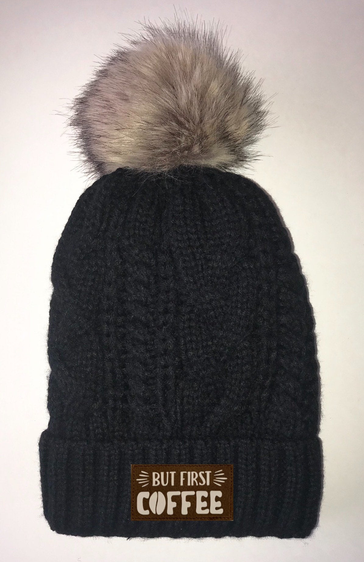 Beanies - Black, Cable Knit, Blanket Lined Pom Pom Beanie with Moons, Namaste, Infinite Love, Unicorn, Tree of Life, Coffee, Om, Cannabis, Utah Mountains, Ganesha, Om, Eye of Horus, Heavily Meditated vegan leather patch