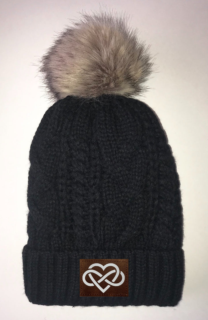 Black, Cable Knit, Blanket Lined Pom Pom Beanie with Moons, Namaste, Infinite Love, Unicorn, Tree of Life, Coffee, Om, Cannabis, Utah Mountains, Ganesha, Om, Eye of Horus, Heavily Meditated. All patches are Vegan and Hand Made Buddha Gear Yoga