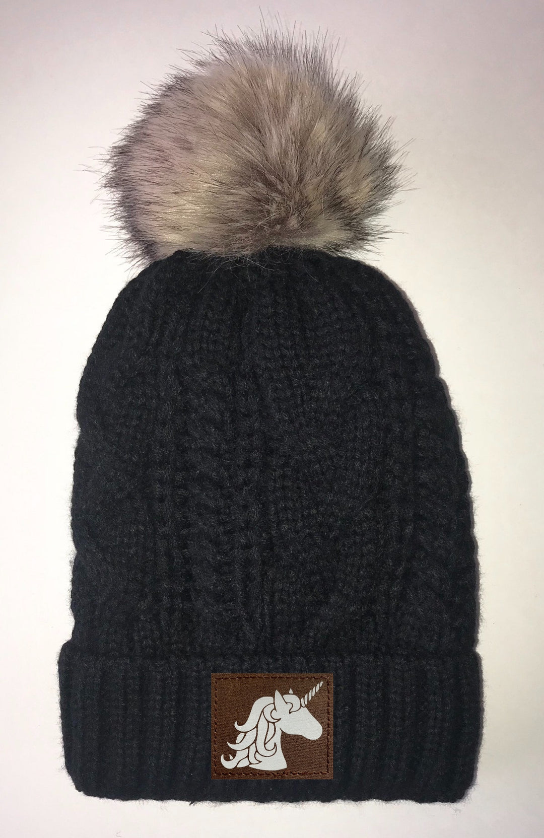 Black, Cable Knit, Blanket Lined Pom Pom Beanie with Moons, Namaste, Infinite Love, Unicorn, Tree of Life, Coffee, Om, Cannabis, Utah Mountains, Ganesha, Om, Eye of Horus, Heavily Meditated. All patches are Vegan and Hand Made Yoga Buddha Gear