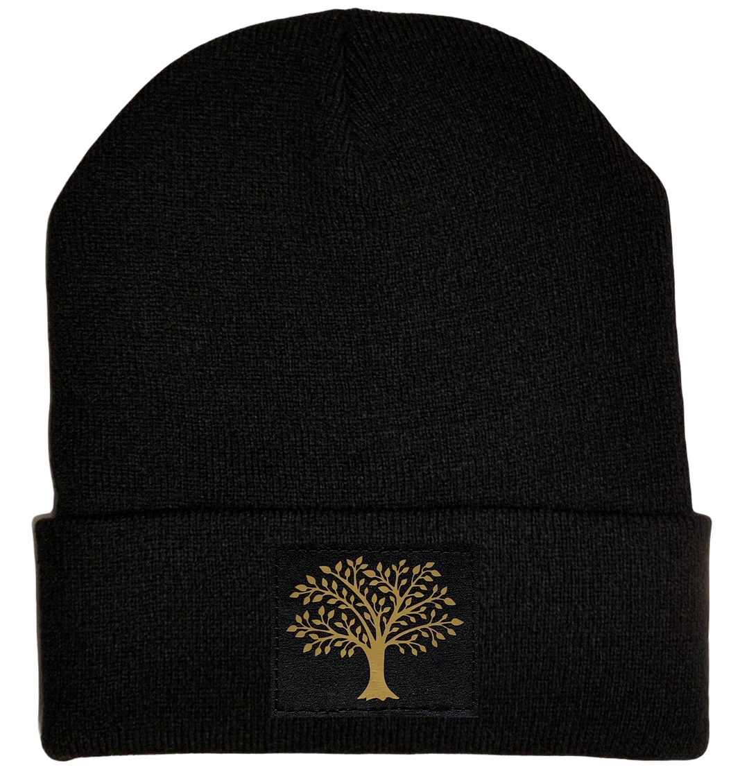 Celtic Beanie - Black cuffed w, Black and Gold Hand Made Tree of Life, Vegan Leather patch over your Third Eye buddha gear