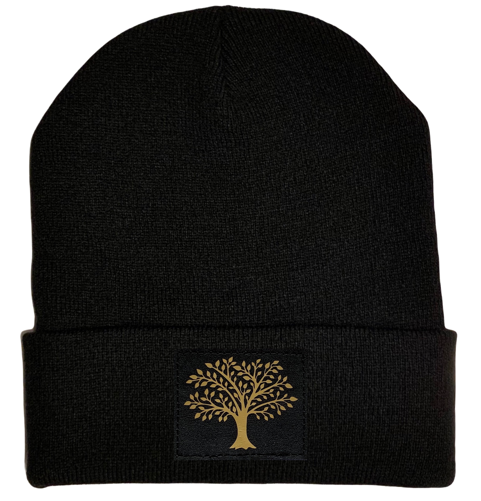 Celtic Beanie - Black cuffed w, Black and Gold Hand Made Tree of Life, Vegan Leather patch over your Third Eye buddha gear