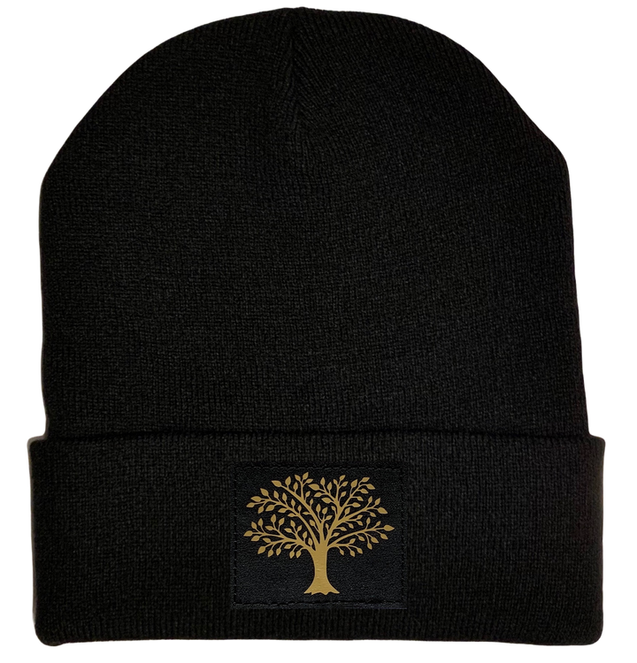 Celtic Beanie - Black cuffed w, Black and Gold Hand Made Tree of Life, Vegan Leather patch over your Third Eye buddha gear