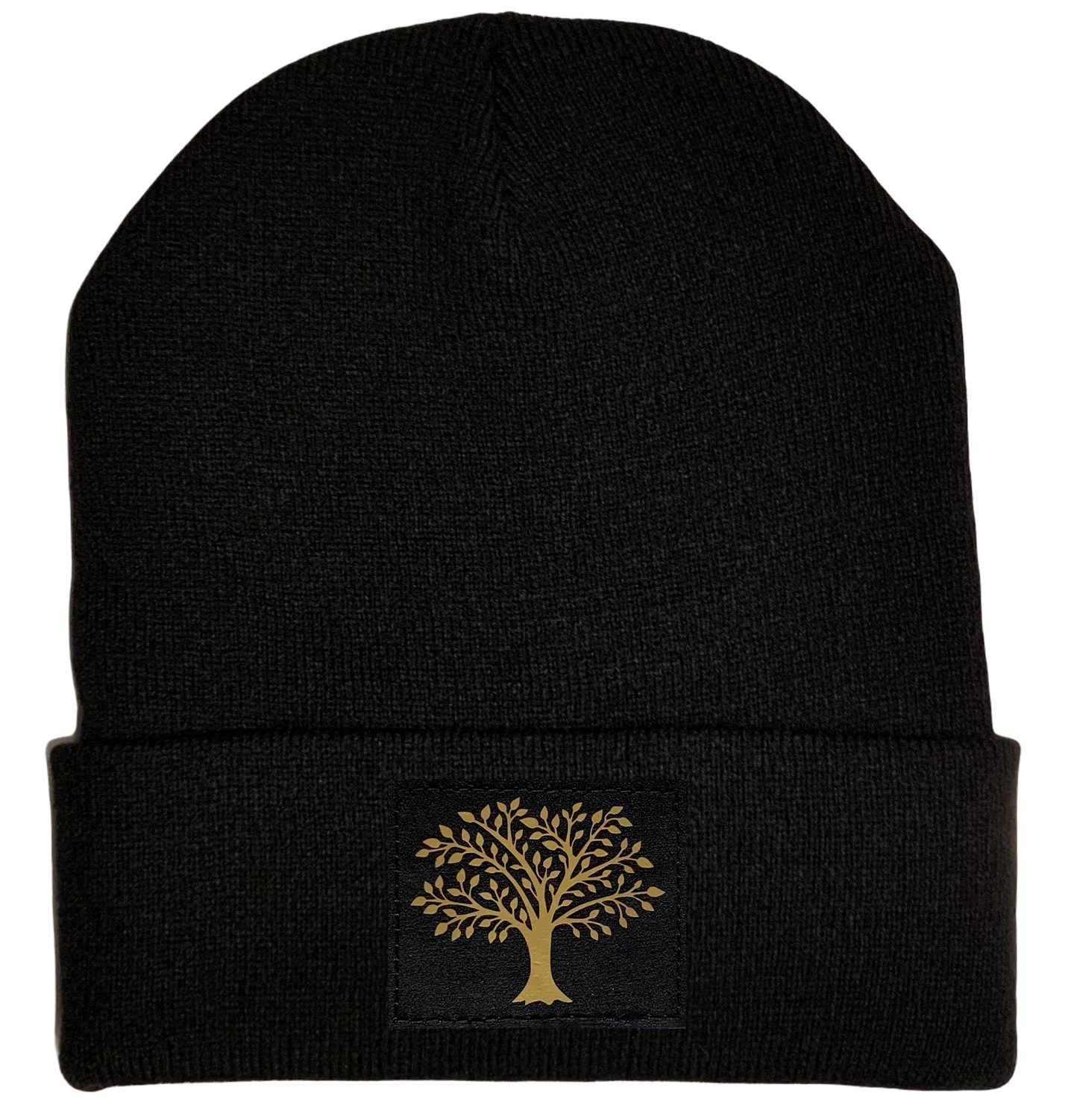 Celtic Beanie - Black cuffed w, Black and Gold Hand Made Tree of Life, Vegan Leather patch over your Third Eye buddha gear