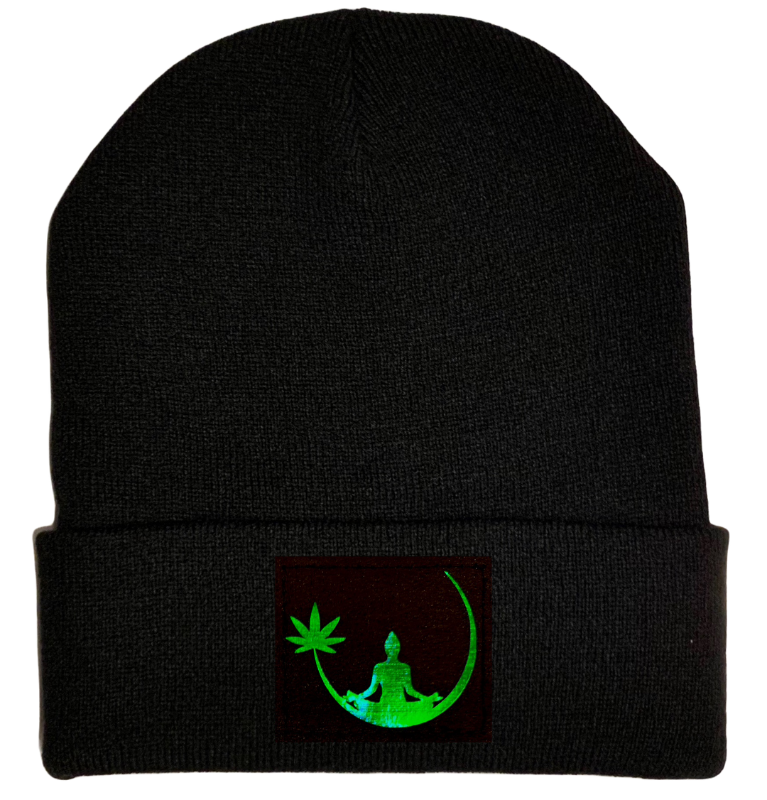 Black Beanie with Hand Made Holographic Green, Vegan Leather Zen Buddha Cannabis Leaf Patch over your Third Eye - Plant Medicine Hat buddha gear