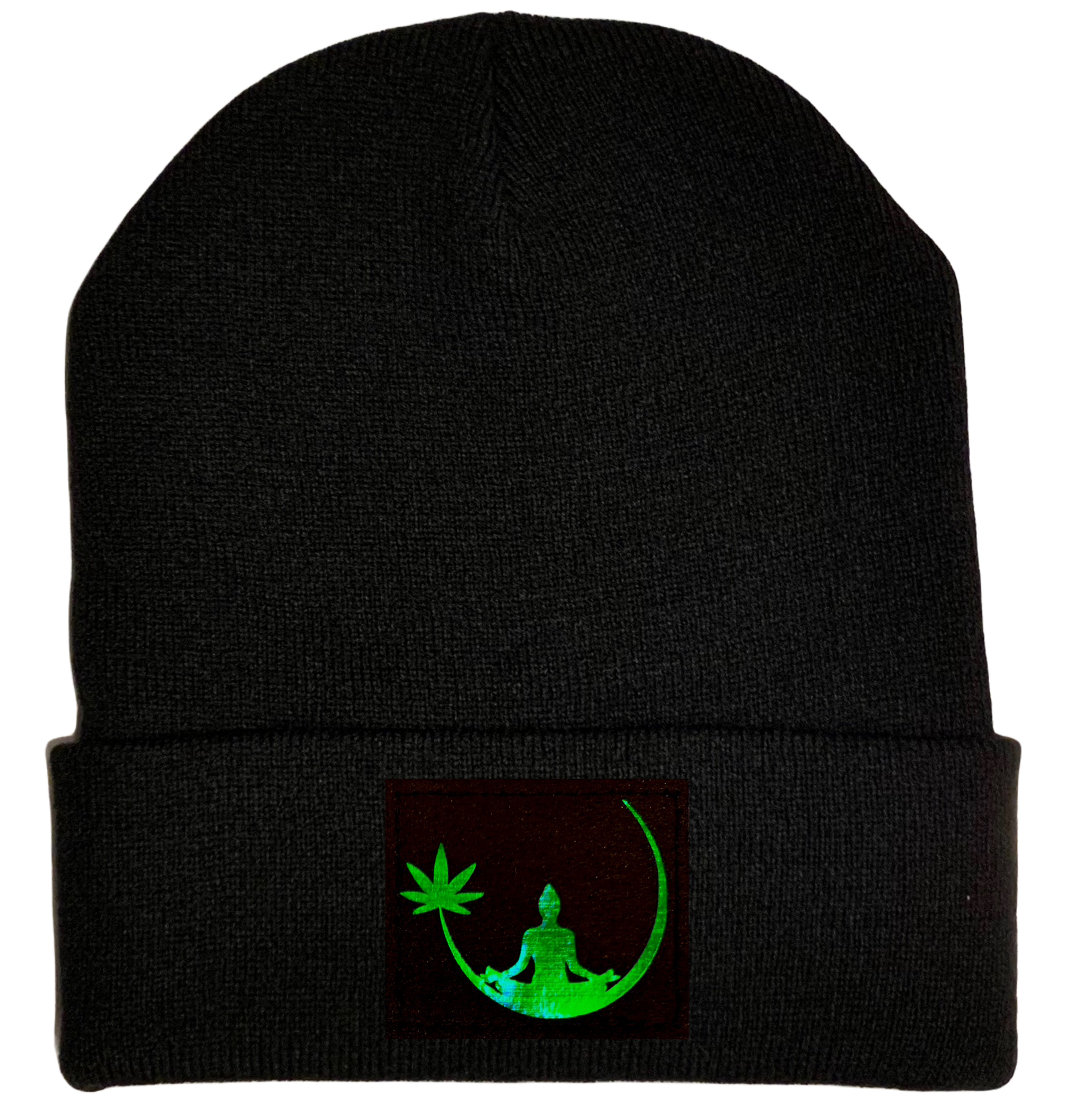 Black Beanie with Hand Made Holographic Green, Vegan Leather Zen Buddha Cannabis Leaf Patch over your Third Eye - Plant Medicine Hat buddha gear