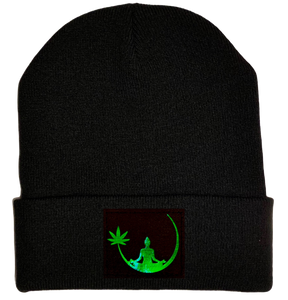 Black Beanie with Hand Made Holographic Green, Vegan Leather Zen Buddha Cannabis Leaf Patch over your Third Eye - Plant Medicine Hat buddha gear