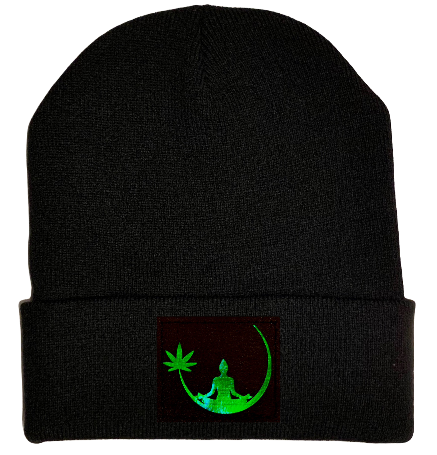 Black Beanie with Hand Made Holographic Green, Vegan Leather Zen Buddha Cannabis Leaf Patch over your Third Eye - Plant Medicine Hat buddha gear