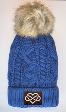 Load image into Gallery viewer, Buddha gear Buddha Wear Plush Blue, Blanket Lined Cable Knit, Pom Pom Beanie with Unicorn, Om, Phoenix, Namaste, Lotus, Tree of Life, Moons, Infinite Heart or Cristian Fish/ichthus  Buddha Beanies