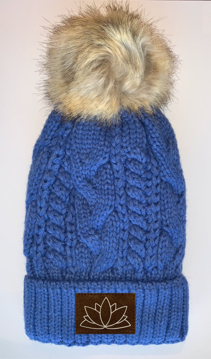 Plush Blue, Blanket Lined Cable Knit, Pom Pom Beanie with Unicorn, Om, Phoenix, Namaste, Lotus, Tree of Life, Moons, Infinite Heart or Cristian Fish/ichthus Buddha Beanies