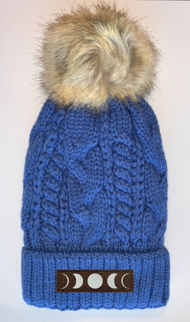 Plush Blue, Blanket Lined Cable Knit, Pom Pom Beanie with Unicorn, Om, Phoenix, Namaste, Lotus, Tree of Life, Moons, Infinite Heart or Cristian Fish/ichthus 