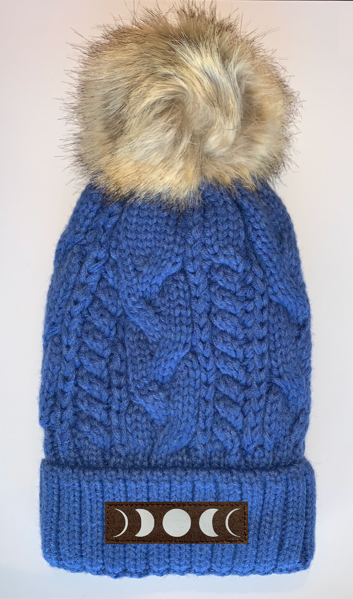 Plush Blue, Blanket Lined Cable Knit, Pom Pom Beanie with Unicorn, Om, Phoenix, Namaste, Lotus, Tree of Life, Moons, Infinite Heart or Cristian Fish/ichthus 