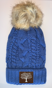 Beanies - Plush Blue, Blanket Lined Cable Knit, Pom Pom Beanies