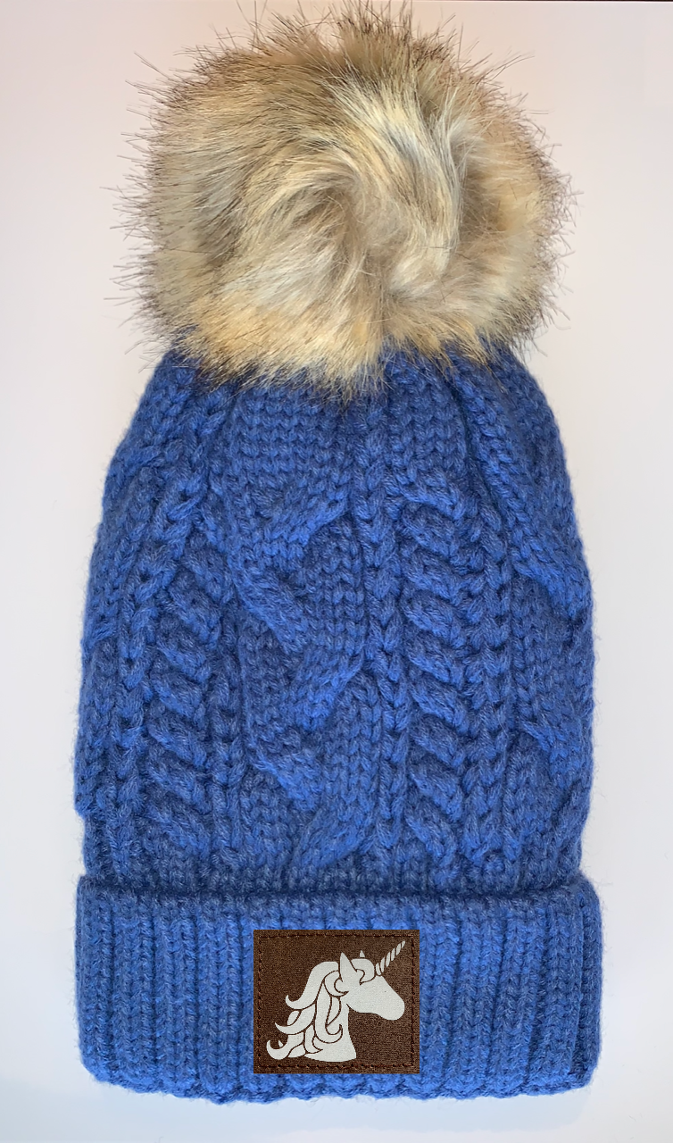 Plush Blue, Blanket Lined Cable Knit, Pom Pom Beanie with Unicorn, Om, Phoenix, Namaste, Lotus, Tree of Life, Moons, Infinite Heart or Cristian Fish/ichthus Buddha Gear
