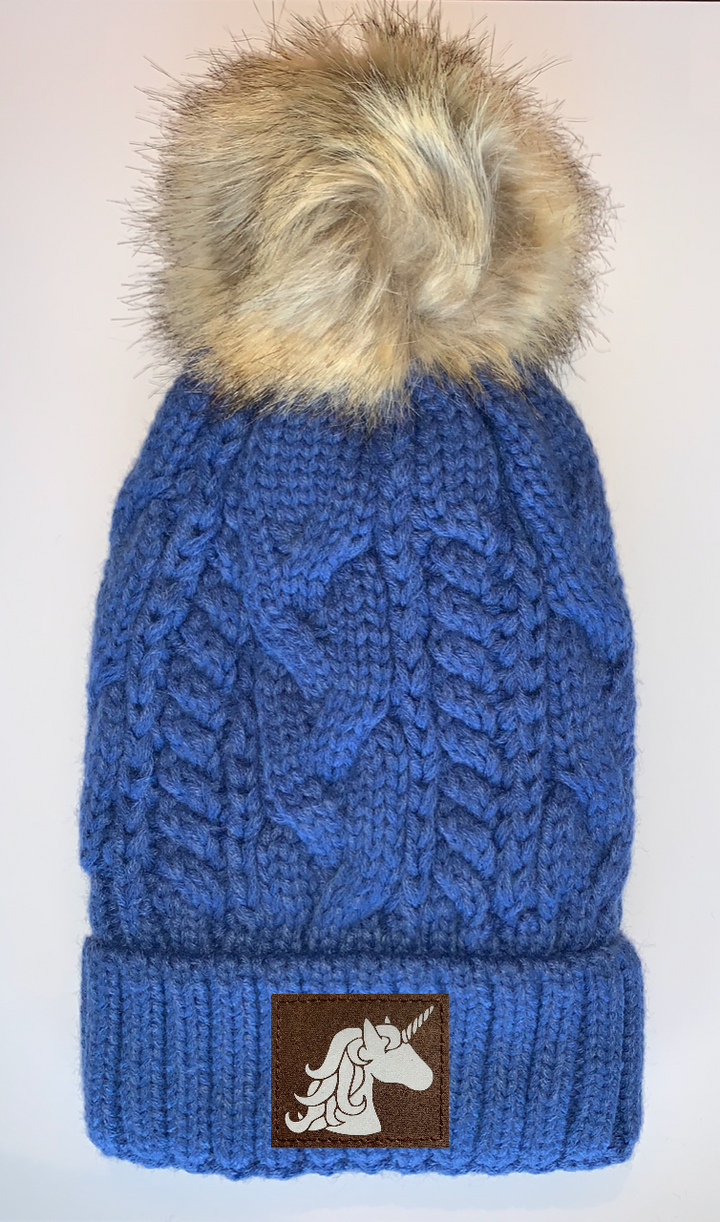 Plush Blue, Blanket Lined Cable Knit, Pom Pom Beanie with Unicorn, Om, Phoenix, Namaste, Lotus, Tree of Life, Moons, Infinite Heart or Cristian Fish/ichthus Buddha Gear