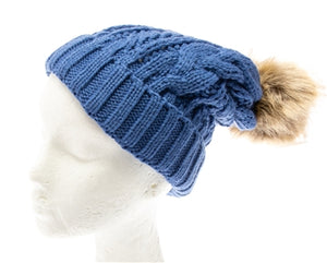 Blue Yoga pom pom beanie hats By Buddha Gear, Also available with Namaste, Lotus, Om, Unicorn, Tree of Life, Compass, Infinite Heart, Moons and Phoenix patches