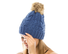 Load image into Gallery viewer, Blue Yoga pom pom beanie hats By Buddha Gear, Also available with Namaste, Lotus, Om, Unicorn, Tree of Life, Compass, Infinite Heart, Moons and Phoenix patches