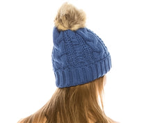 Load image into Gallery viewer, Blue Yoga pom pom beanie hats By Buddha Gear, Also available with Namaste, Lotus, Om, Unicorn, Tree of Life, Compass, Infinite Heart, Moons and Phoenix patches