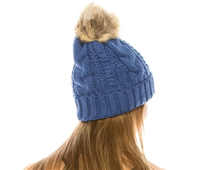 Blue Yoga pom pom beanie hats By Buddha Gear, Also available with Namaste, Lotus, Om, Unicorn, Tree of Life, Compass, Infinite Heart, Moons and Phoenix patches
