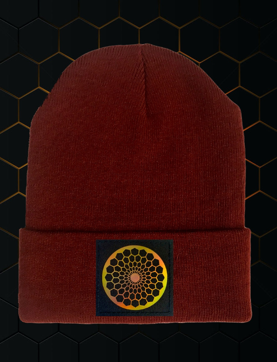 burgundy cuffed beanie by Buddha Gear w Beehive Buds CBD logo
