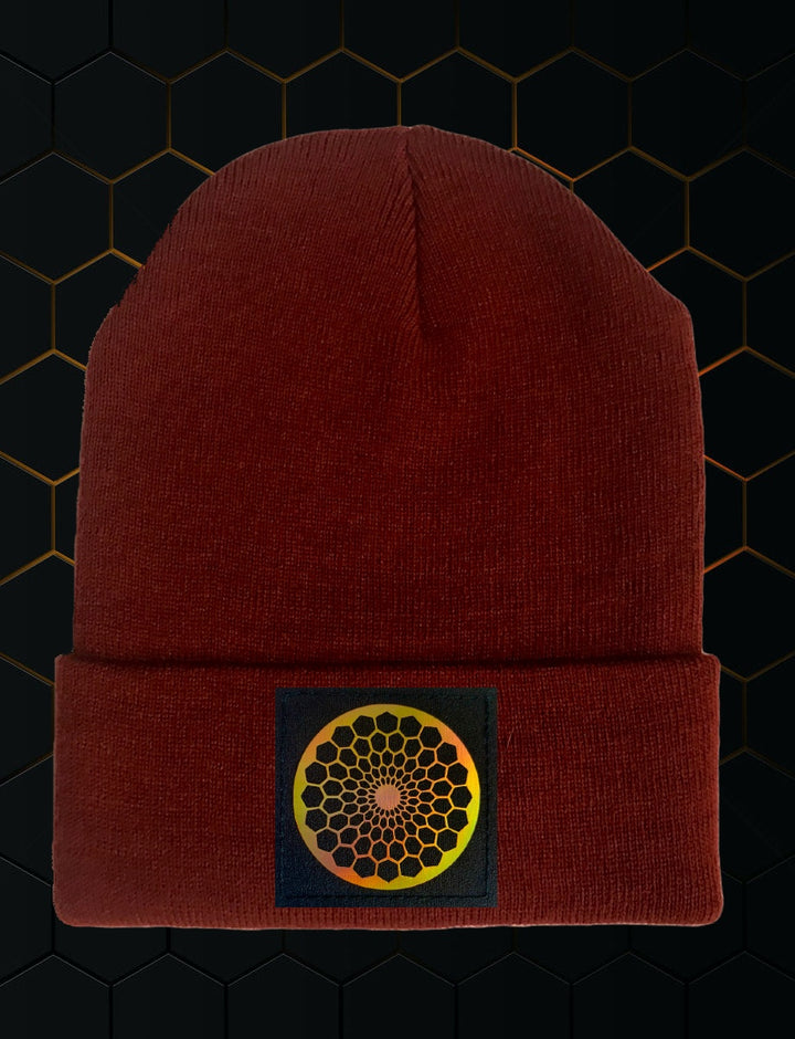 burgundy cuffed beanie by Buddha Gear w Beehive Buds CBD logo