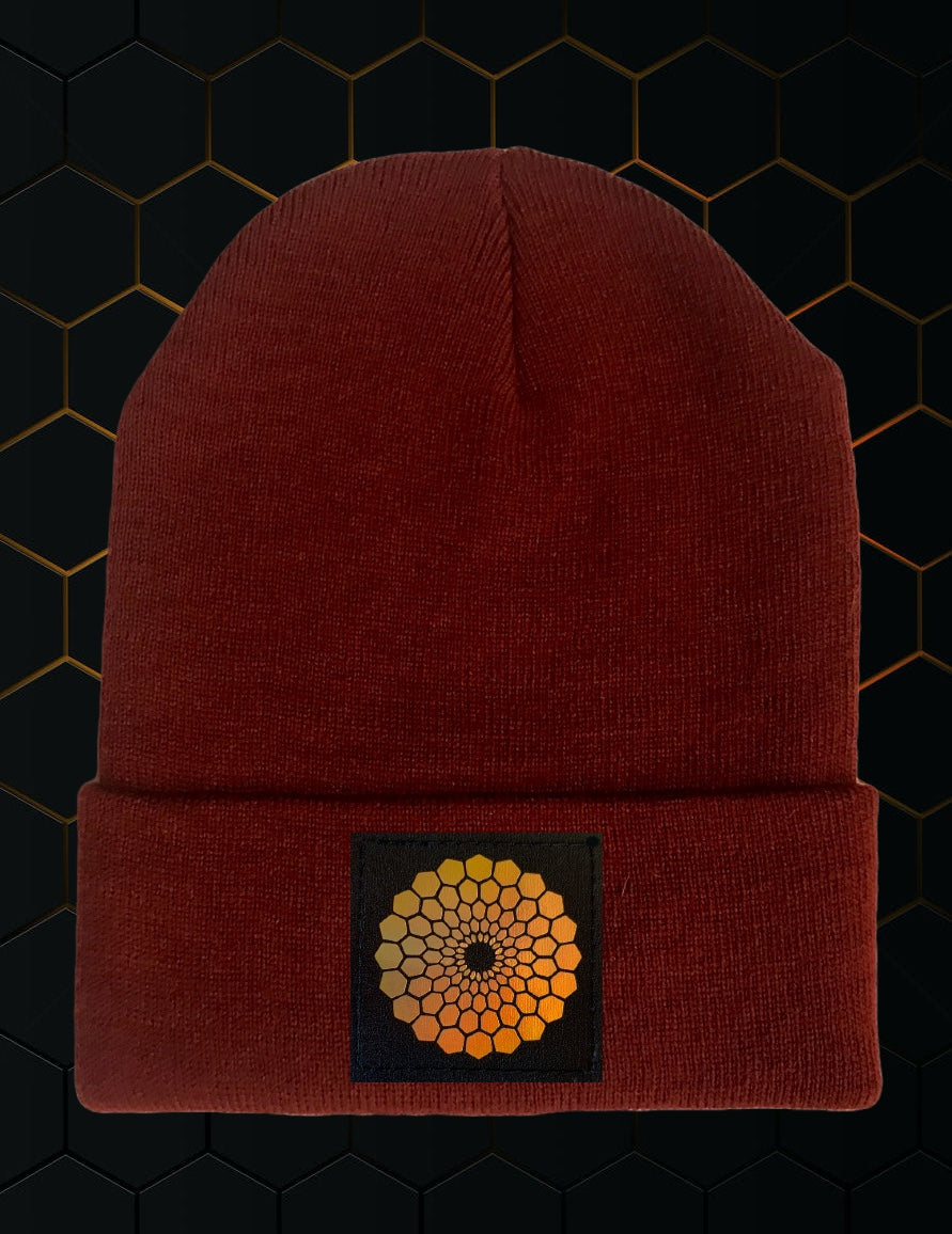 burgundy cuffed beanie by Buddha Gear w Beehive Buds CBD logo