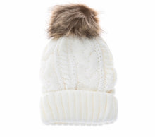 Load image into Gallery viewer, Ivory white Yoga pom pom beanie hats By Buddha Gear, Also available with Namaste, Lotus, Om, Unicorn, Tree of Life, Compass, Infinite Heart, Moons and Phoenix patches