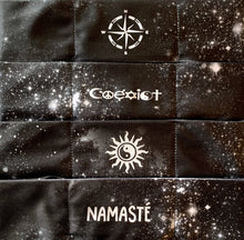 Load image into Gallery viewer, Hand Made Black Cosmo Buddha Band with Compass, Coexist, Yin Yang Sun, Namaste over your third eye  Om is a sacred sound and a sacred spiritual symbol in Hinduism, that signifies the essence of the ultimate reality, consciousness or Atman (soul). Some believe it is the sound of creation.
