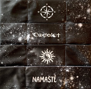 Hand Made Black Cosmo Buddha Band with Compass, Coexist, Yin Yang Sun, Namaste over your third eye  Om is a sacred sound and a sacred spiritual symbol in Hinduism, that signifies the essence of the ultimate reality, consciousness or Atman (soul). Some believe it is the sound of creation.