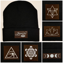 Load image into Gallery viewer, Beanie - Black, cuffed Beanie with Merkaba, Unicorn, Om, Phoenix, Namaste, Lotus, Tree of Life, Moons, Infinite Heart, Cristian Fish/ichthus and more