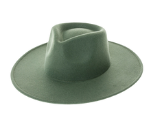Load image into Gallery viewer, Forest Green vegan felt rancher hat - Unisex style fedora, stiff brim, wide brim, panama, fashion hat for men or women by Buddha Gear 