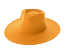 Load image into Gallery viewer, Mustard color vegan felt rancher hat - Unisex style fedora, stiff brim, wide brim, panama, fashion hat for men or women - by buddha gear