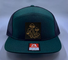 Load image into Gallery viewer, Psychedelic Hat Green 4 Panel Flatbill Buddha Lid w Handmade Cannabis, Flower of Life, Merkaba, Om, Eye of Horus, Mushrooms, Compass, Yin Yang Sun, Tree of Life, Triquetra, Ganesha Patch over your Third Eye Skater Hat
