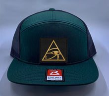Load image into Gallery viewer, Skater Hat Green 4 Panel Flatbill Buddha Lid w Handmade Cannabis, Flower of Life, Merkaba, Om, Eye of Horus, Mushrooms, Compass, Yin Yang Sun, Tree of Life, Triquetra, Ganesha Patch over your Third Eye